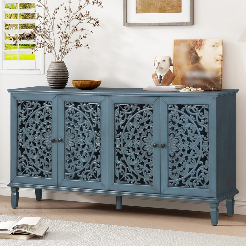 60" Antique Buffet Sideboard with Floral Carvings Solid Wood Legs and Adjustable Shelves for Versatile Storage