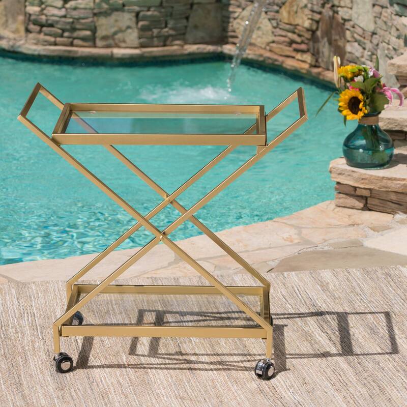 Outdoor Golden Bar Cart with Tempered Glass Top
