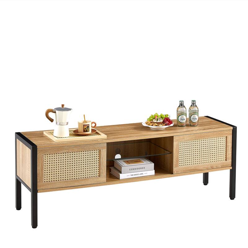54.33" Rattan TV cabinet with variable color light strip, double sliding doors for storage, adjustable shelf, metal legs