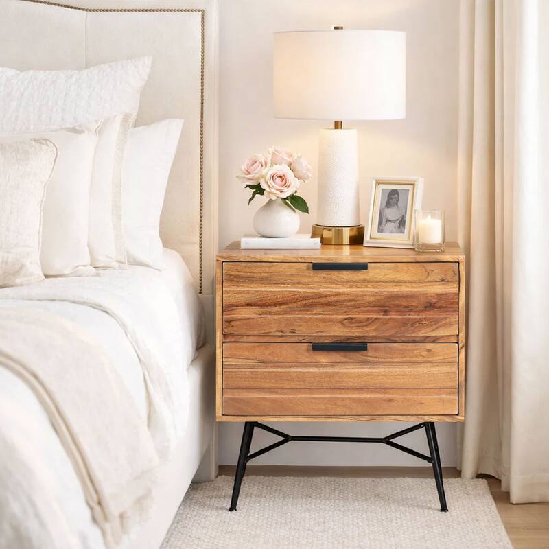2 Drawer Wooden Nightstand with Metal Angled Legs, Black and Brown