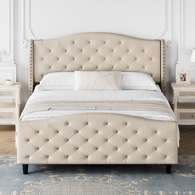 King Bed Frame with Headboard and Footboard, Tufted Upholstered Platform King Size Bed Frame