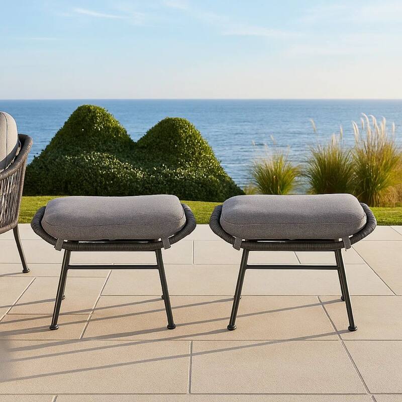 Margo Outdoor Ottoman Set of 2, 24 Inch Black Iron, Gray Cushion
