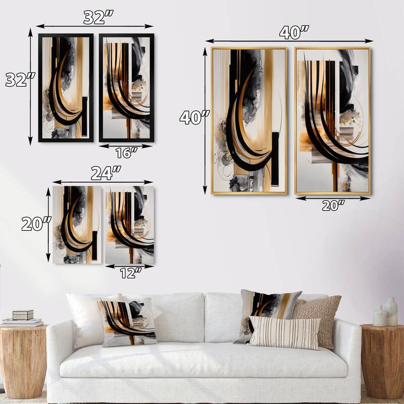 Designart "Gold Touch Art Deco" Abstract Framed Wall Art Set Of 2 - Black Canvas Set For Living Room Decor