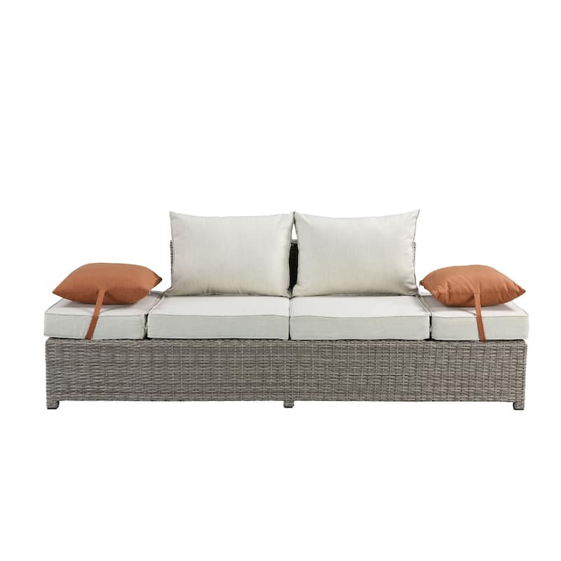 Resin Wicker and Aluminum Patio Sofa and Ottoman with 2 Pillows, Beige