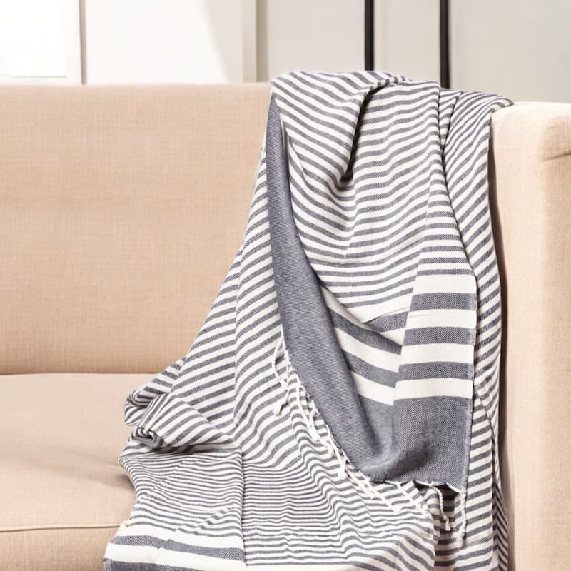 HomeRoots 59" X 71" Blue and White Cotton Plain Weave Striped Throw Blanket with Tassels - Throw - Blue/White