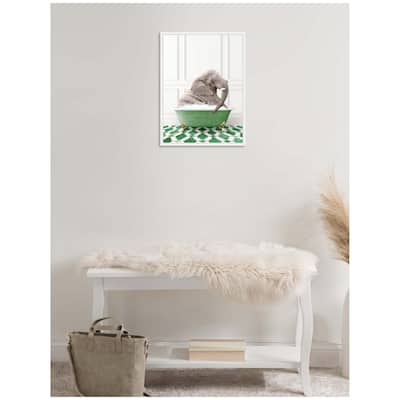 Kate and Laurel Sylvie Young Elephant in Eclectic Green Panel Wall Bathtub Framed Canvas by Amy Peterson