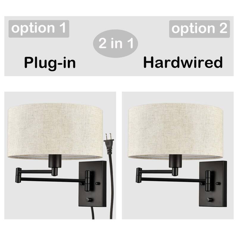 Cagli Black & Beige Shade Wall Sconces Plug-in & Hardwired Swing Arm Wall Lights, 1-Light