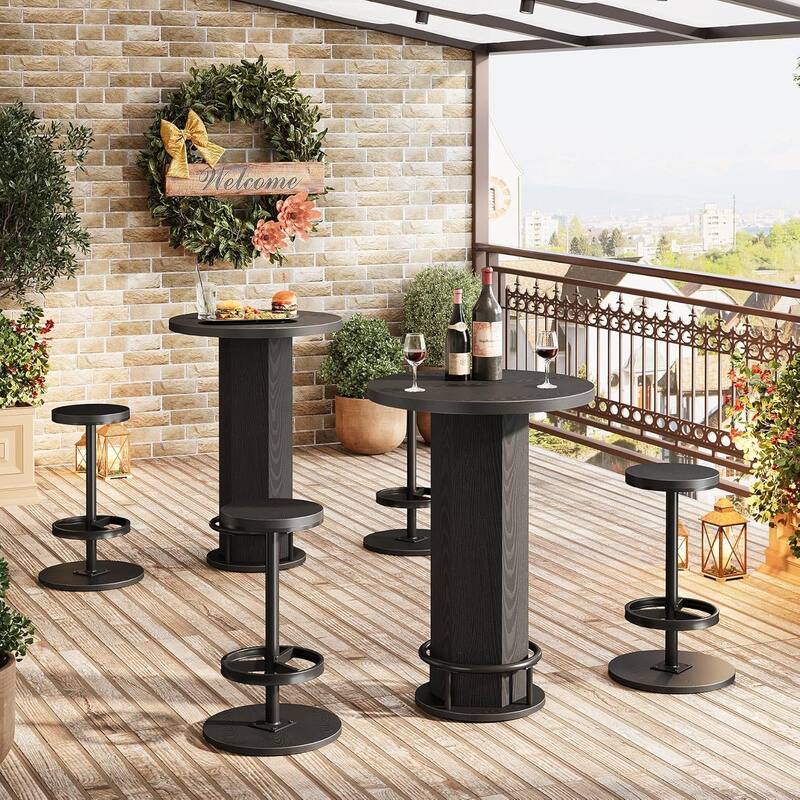 Round Bar Table Set, Farmhouse Home Bar with 2 barstools, Pub Cocktail Table with Metal Ring Footrest
