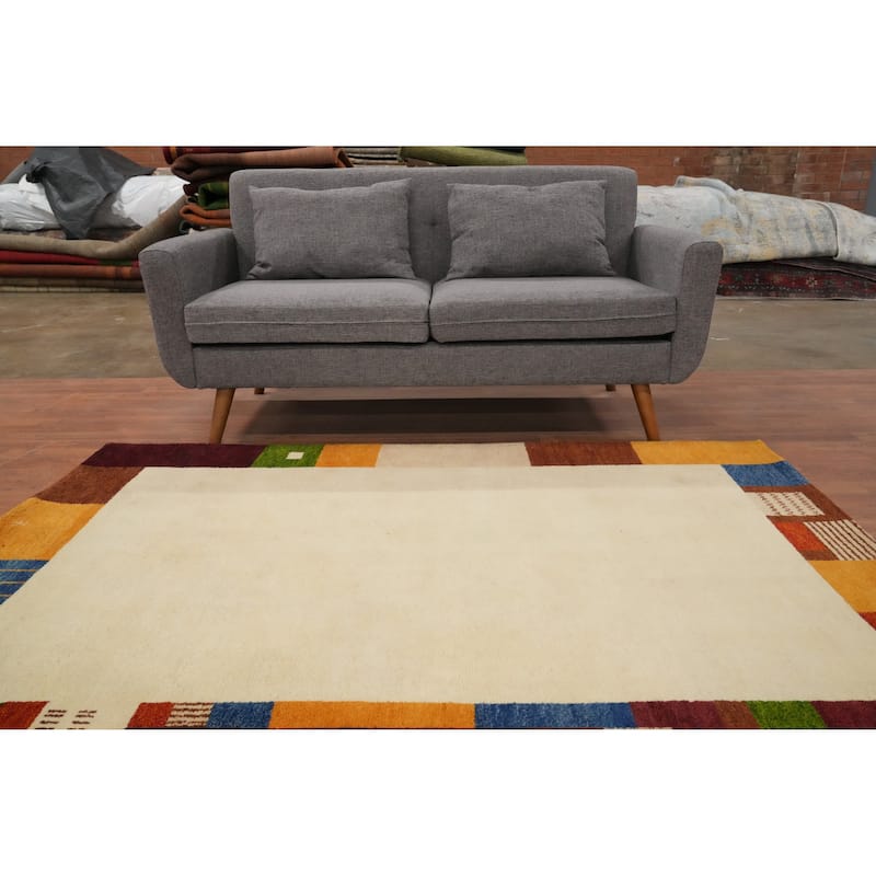 Hand Knotted Oriental 100% Wool Carpet Modern Geometric Beige & Ivories Gabbeh Area Rug - 6' 7'' X 4' 8''