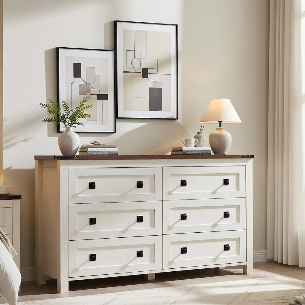 Farmhouse 6 Drawer Dresser, Wood TV Stand, Chest of Drawers