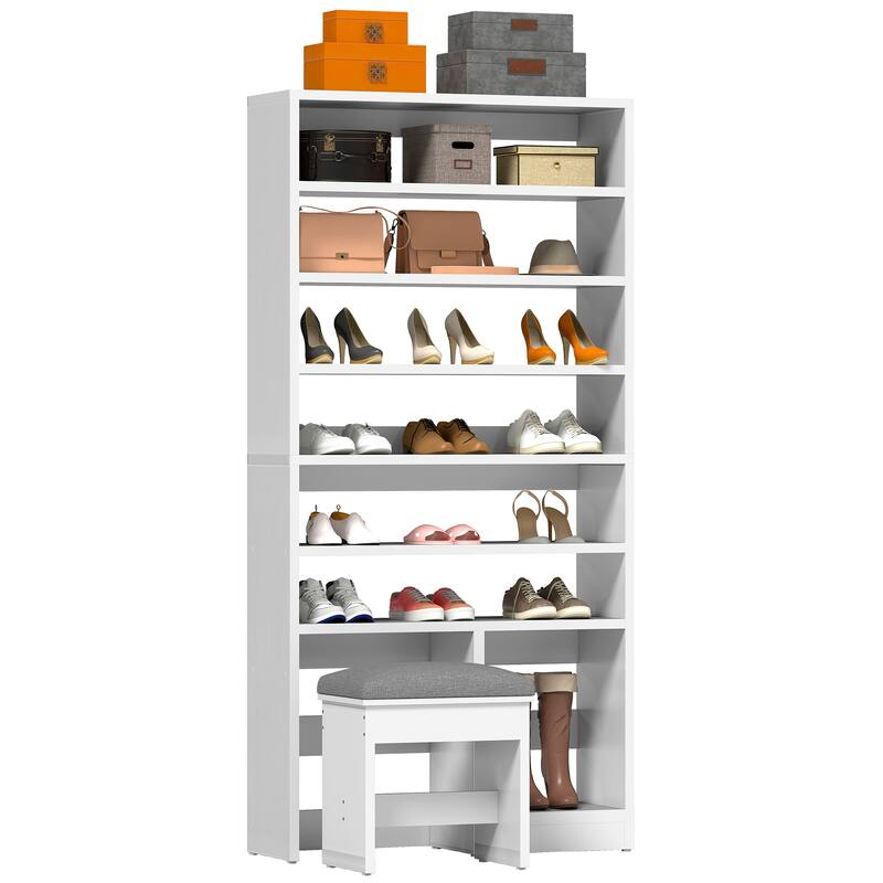 Moasis 8 Tiers Free Standing Shoe Cabinet with Hidden Bench, 70.9'' Tall Shoe Racks with Open Storage & High Boots Cubby - White