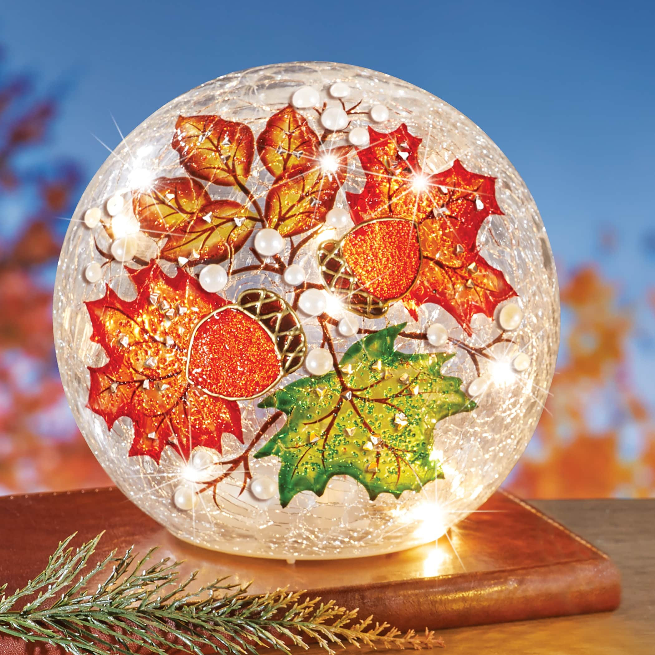 Hand-Painted Pearled Leaf Crackled Glass LED Lighted Ball