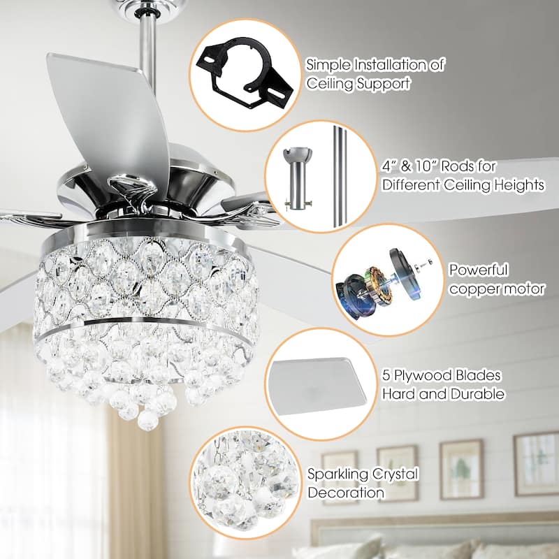 52" Modern Chrome Crystal Reversible Chandelier Ceiling Fan with Light and Remote - 52 in