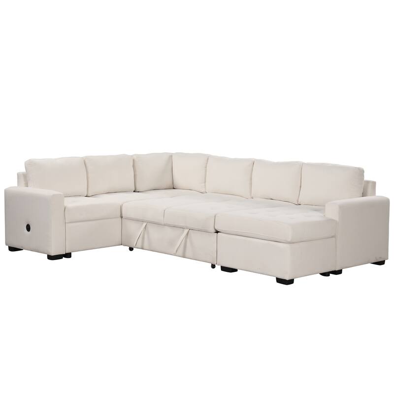 Beige 108.3'' U-Style 6-Seat Sofa with Pull-Out Bed