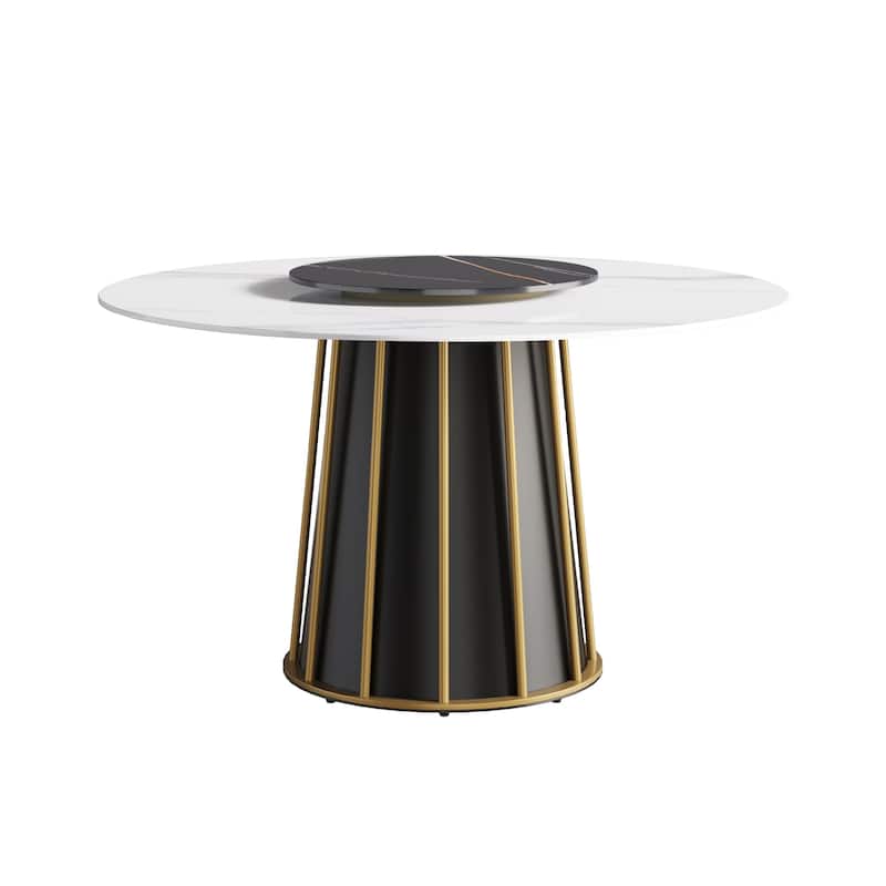 53'' White Sintered Stone Round Dining Table with Lazy Susan - N/A