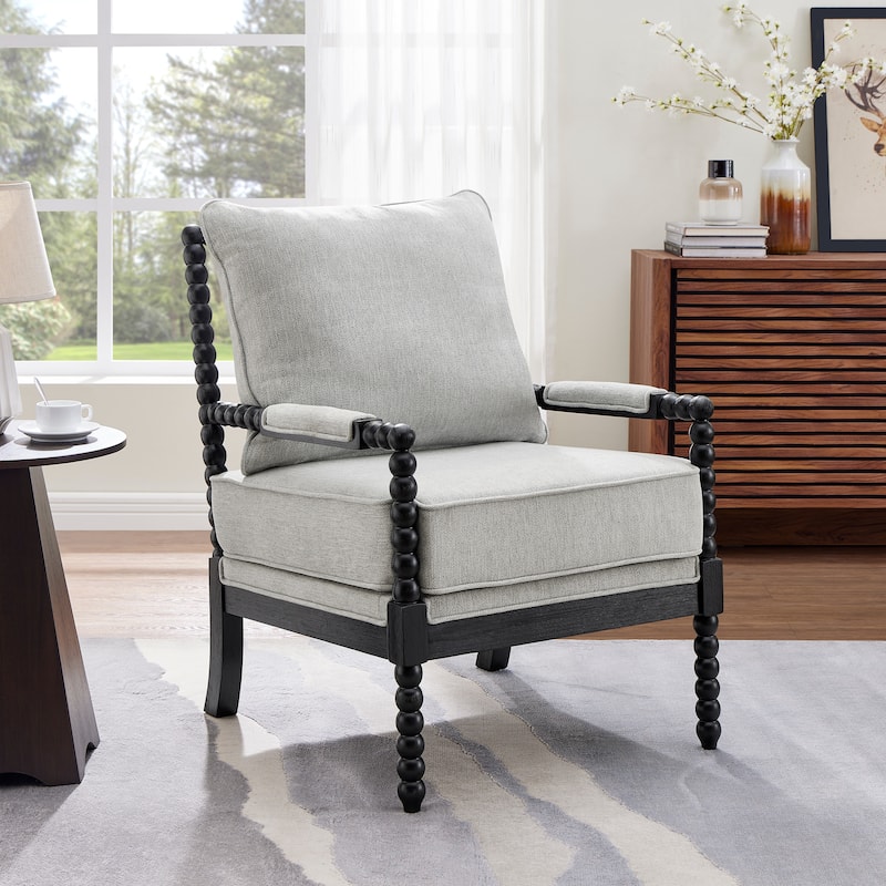 Roundhill Furniture Belvoir Upholstered Spool Accent Chair with Turned Wood Frame - Grey