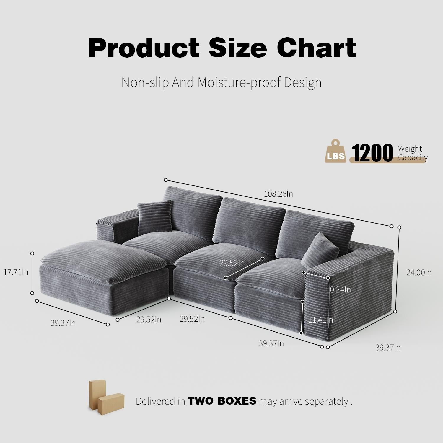 L-Shaped Cloud Sectional Sofa with Chaise Lounge, Corduroy Upholstered 3 Seater Sofa, Modular Corner Sofa with Deep Seat