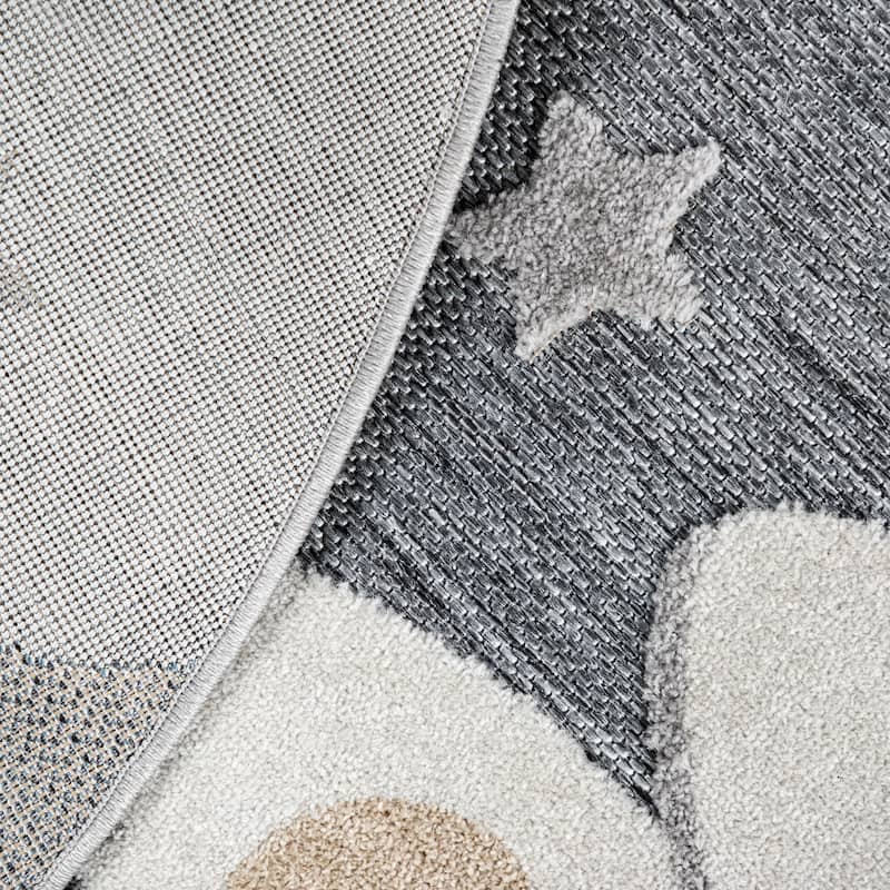 Round Kids Rug Cuddly Moon and Stars Motif Indoor & Outdoor