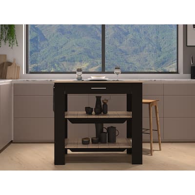 Kitchen Island 37" H, Two Open Storage Shelves, One Drawer, Four Legs,Towel Hanger, Black / Light Oak