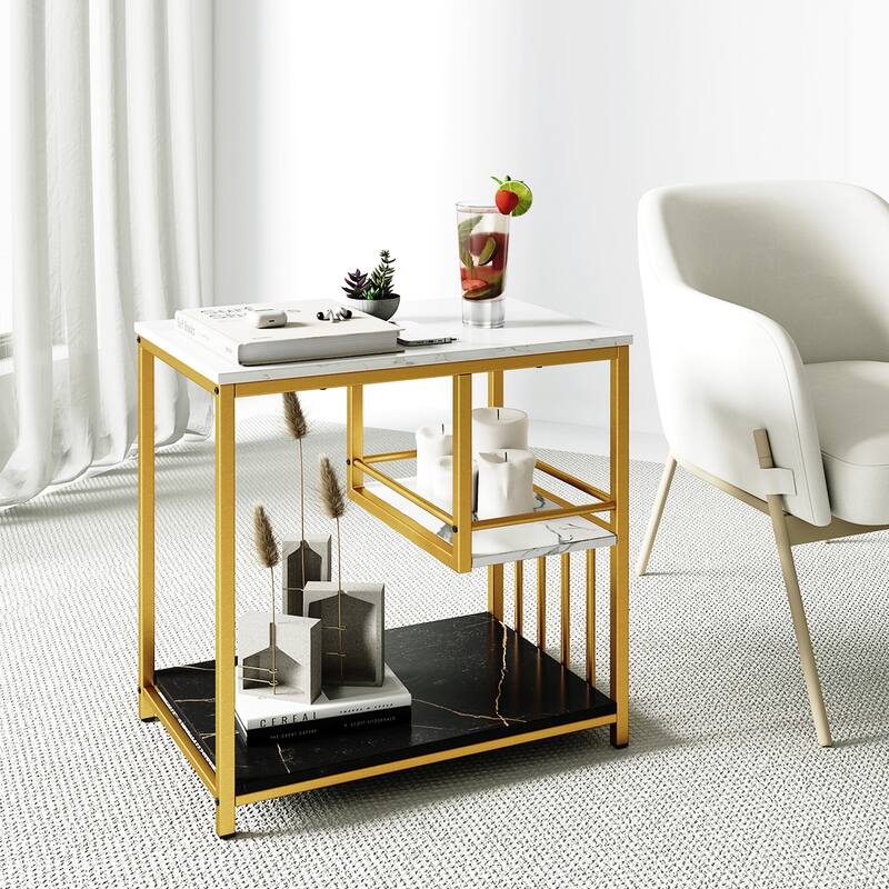 Modern Marble and Gold Side Table with 3-Tier Storage Shelves for Living Room or Bedroom Use - 23.5" x 15.5" x 24" (L x W x H)