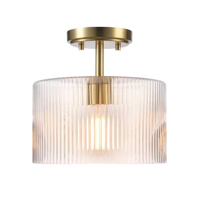 1-Light Semi-Flush Mount Ceiling Light, Matte Brass, Clear Ribbed Glass Shade, Home Improvement, Dining Room, Kitchen - 10"