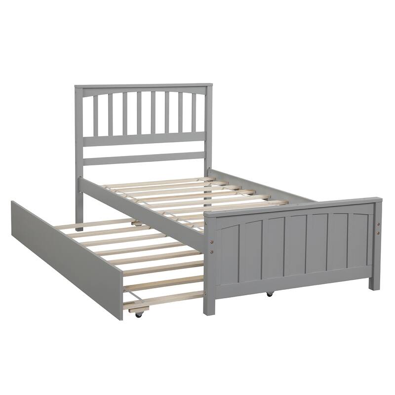 Gray Twin Size Platform Bed with Trundle, Solid Pine Wood Frame