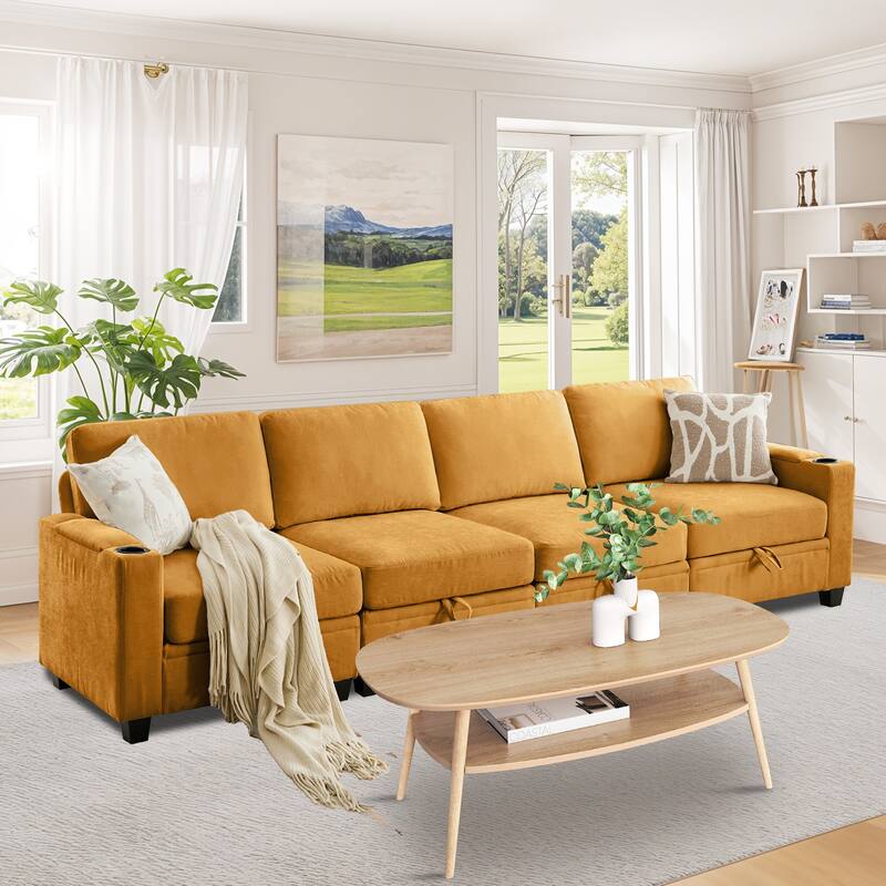 Chenille Sectional Sofa, Hidden Storage & Modular Design