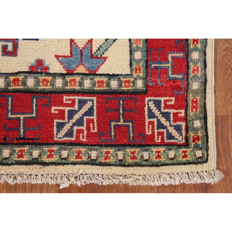Ivory Geometric Kazak Foyer Rug Hand-Knotted Wool Carpet - 2'9" x 4'2"
