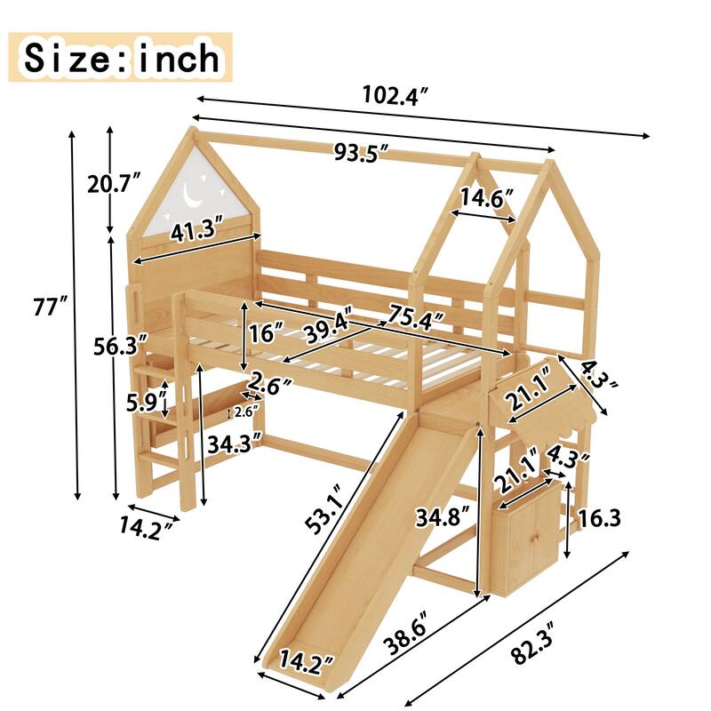 Twin Size Loft Bed with Bookshelf Playful Design for Kids House-Shaped Structure with Slide High-Quality Safety Rails