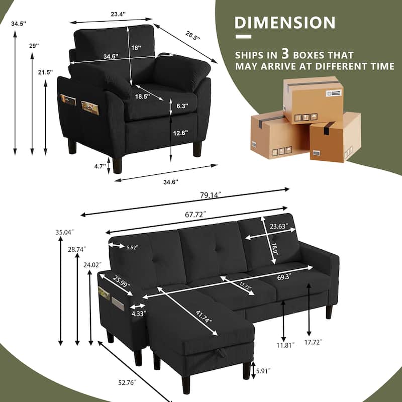 3 Pieces Corduroy Living Room Set with Sofa ,Storage Ottoman and Chair
