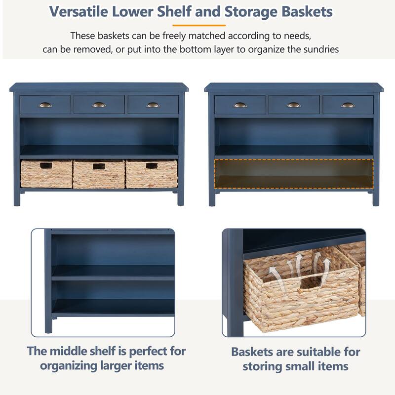 Console Table with 3 Storage Drawers, Entryway Table with 3 Water Hyacinth Woven Baskets, Sofa Table with Wooden Top