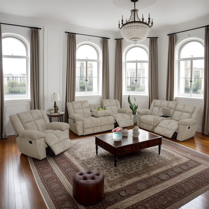 Beige Corduroy 3-Piece Living Room Recliner Sofa set