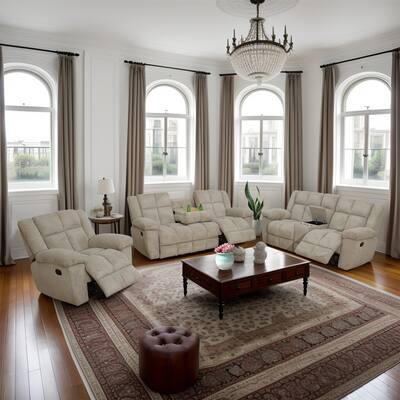 Beige Corduroy 3-Piece Living Room Recliner Sofa set