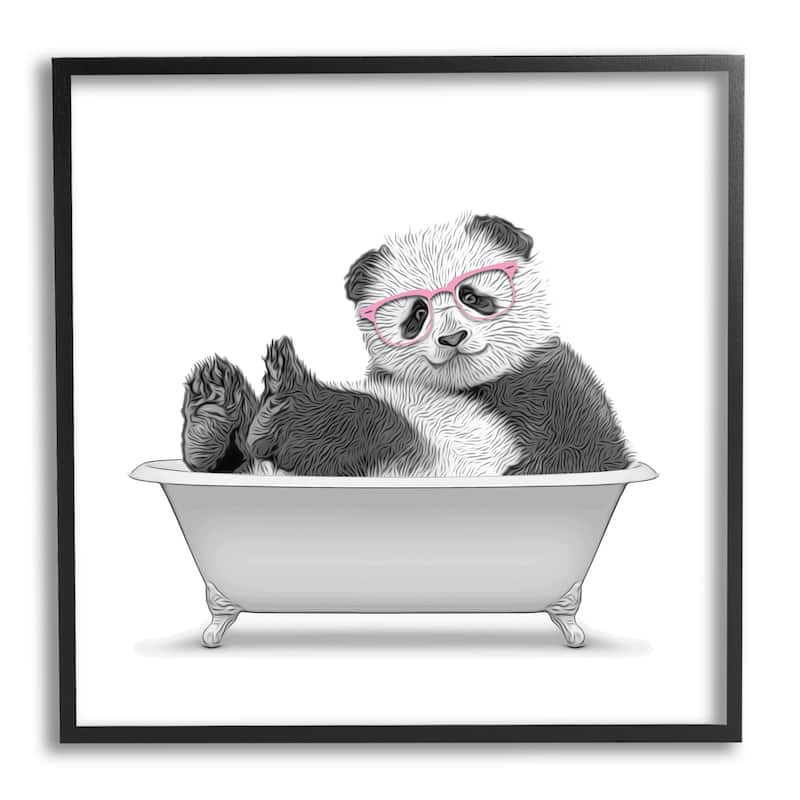 Stupell Quirky Panda Bathtub Pink Glasses Minimal Design Framed Wall Art - Grey
