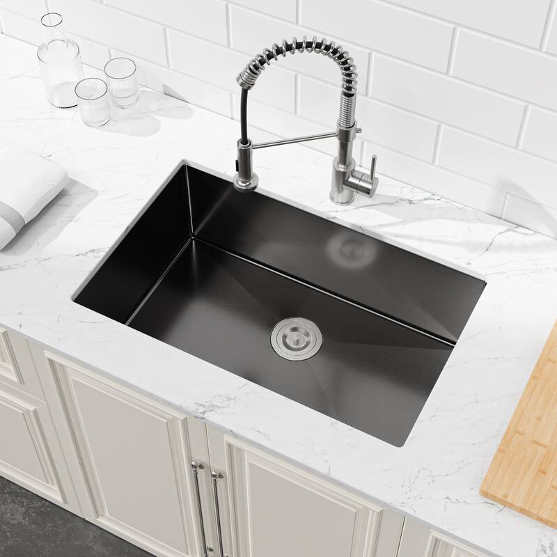 Stainless Steel Kitchen Sink, 30″x19″ Single Bowl, Undermount HandmadeSink in Black, with US Standard Drain and Hook