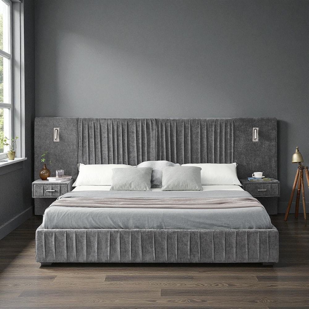 Queen Upholstered Platform Bed with Pleated Chenille Headboard, Built-in Bedside Table & Adjustable Lamps, No Box Spring