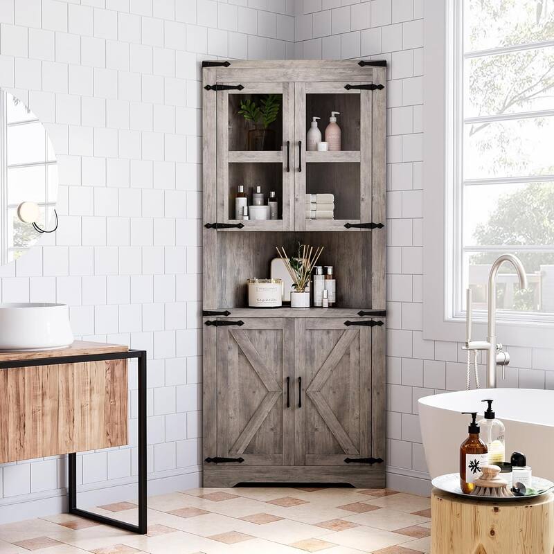 Tall Farmhouse Corner Cabinet with Glass Door & Adjustable Shelves, Space-Saving Storage for Kitchen or Bathroom