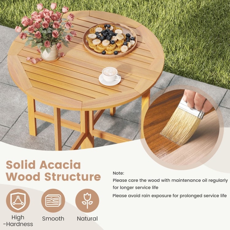 Teak Acacia Wood Round Folding Dining Table 36 inches Slatted Outdoor - 36" x 29.5"
