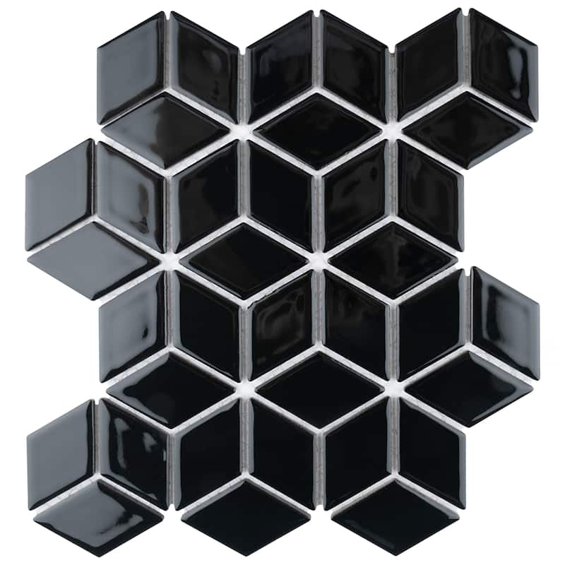 Merola Tile Hudson Rhombus Glossy Black 10-1/4" x 11-3/4" Porcelain Mosaic Floor and Wall Tile