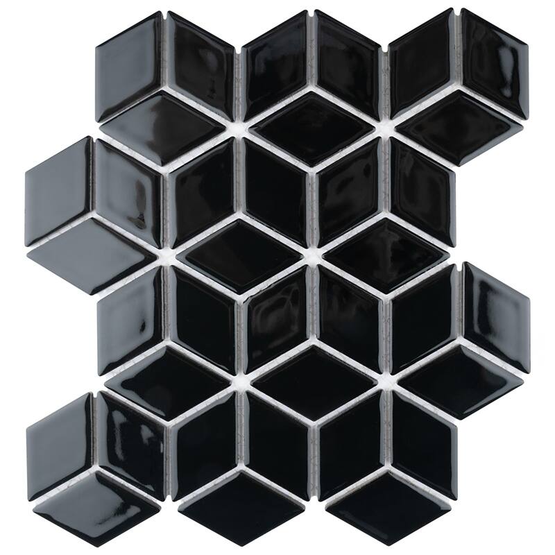 Merola Tile Hudson Rhombus Glossy Black 10-1/4" x 11-3/4" Porcelain Floor and Wall Tile