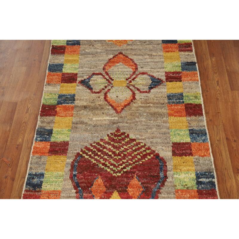 Geometric Moroccan Runner Rug Hand-Knotted Wool Carpet - 3'1" x 9'6"
