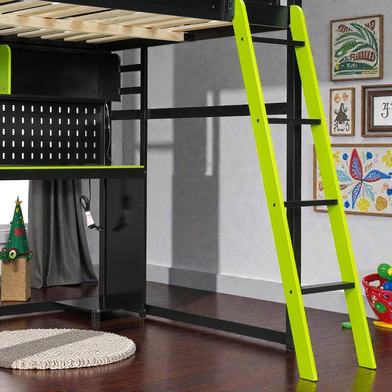 Full Size Wood Loft Bed with Desk, Shelves, LED Lights, USB Ports, Pegboard & Space-Saving Storage Design