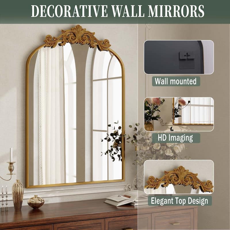 Metal Arch-top Bathroom Mirror with Baroque flower
