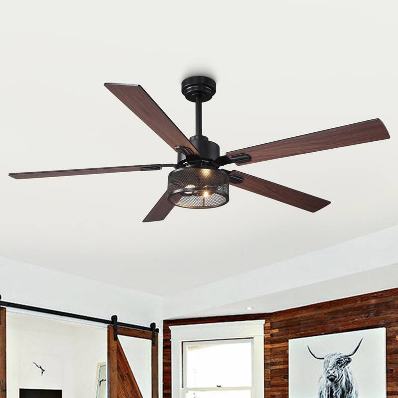 60" Matte Black Reversible Wood 5-Blade Smart Ceiling Fan with Light and APP Control