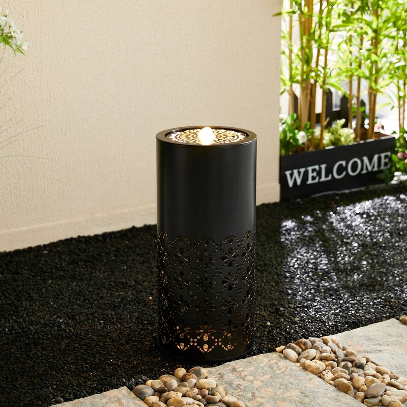 Glitzhome 23.5"H Metal Modern Cutout Pattern Outdoor Fountain with Lights & Shadows