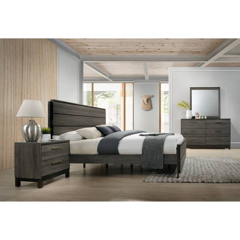 Ioana Antique Grey Finish Wood Bed Room Set, King Size Bed, Dresser, Mirror, Night Stand