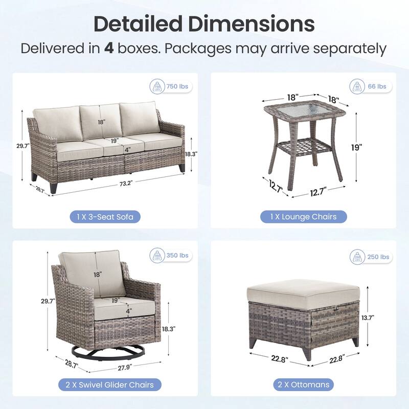 Pocassy Patio Sofa Glider Swivel Chair Ottoman Table Furniture Set.