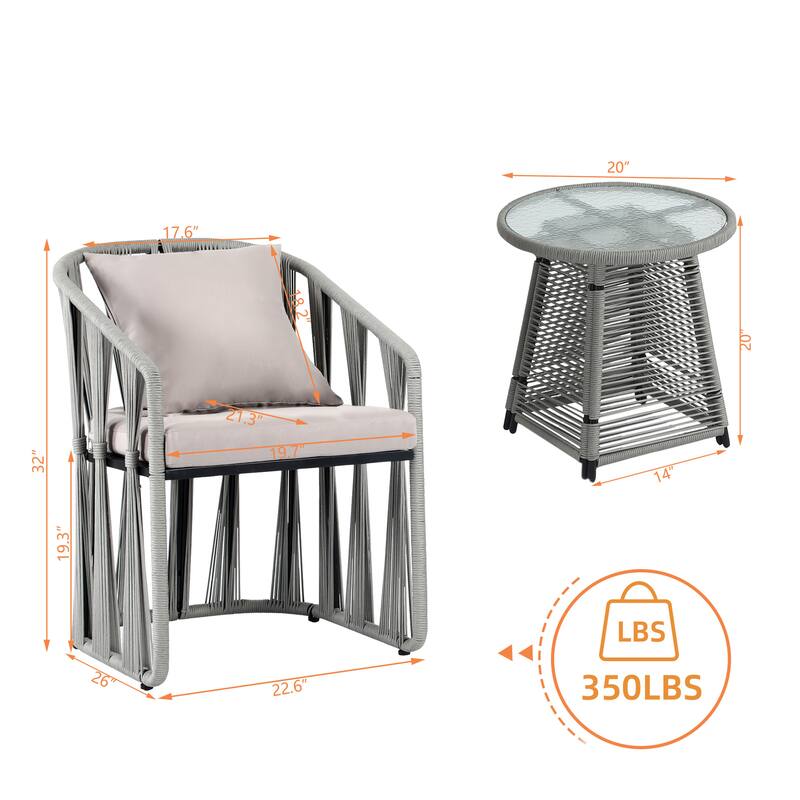 XINMICS 3 Pieces Outdoor Patio Furniture Set Woven Rope Chairs with Table and Soft Cushions