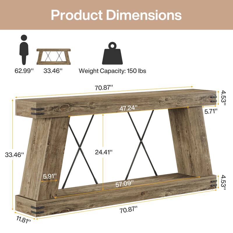 70.9” Farmhouse Console Table, Brown Entryway Table with Storage - Large
