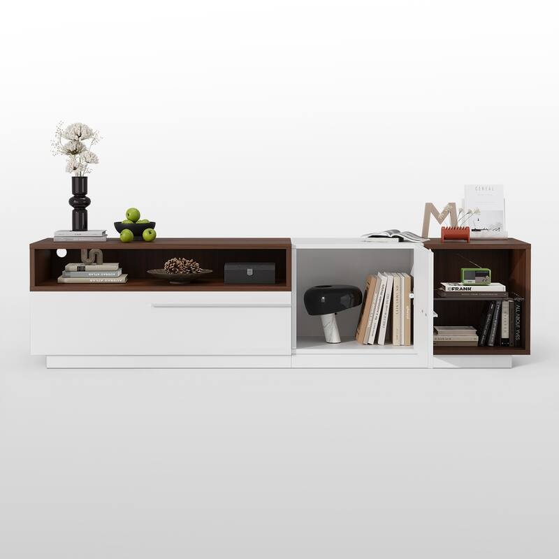 Meyreso 70.8" Modern High Gloss White & Walnut TV Stand with LED Lighting and Open Storage - 70 inches
